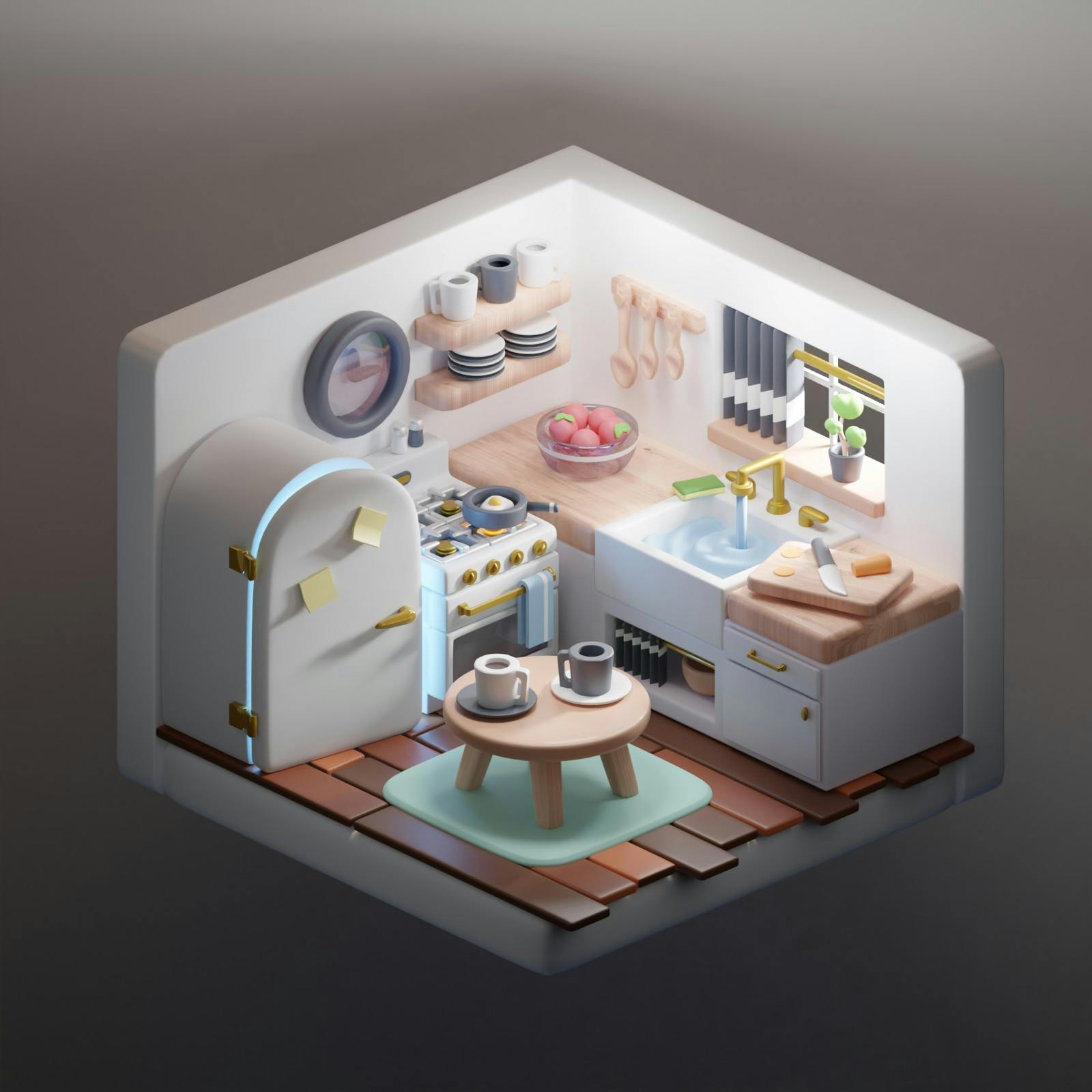 A 3D rendering of an isometric kitchen scene created by Ian Steele