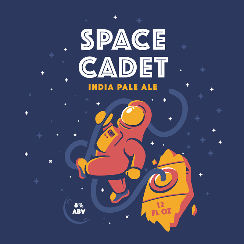 Beer label illustration of an astronaut attached to a broken piece of their ship created by Ian Steele