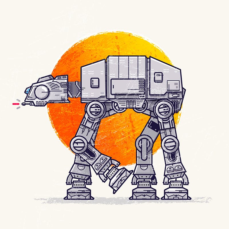 Star Wars ATAT illustration with a sun in the background created by Ian Steele