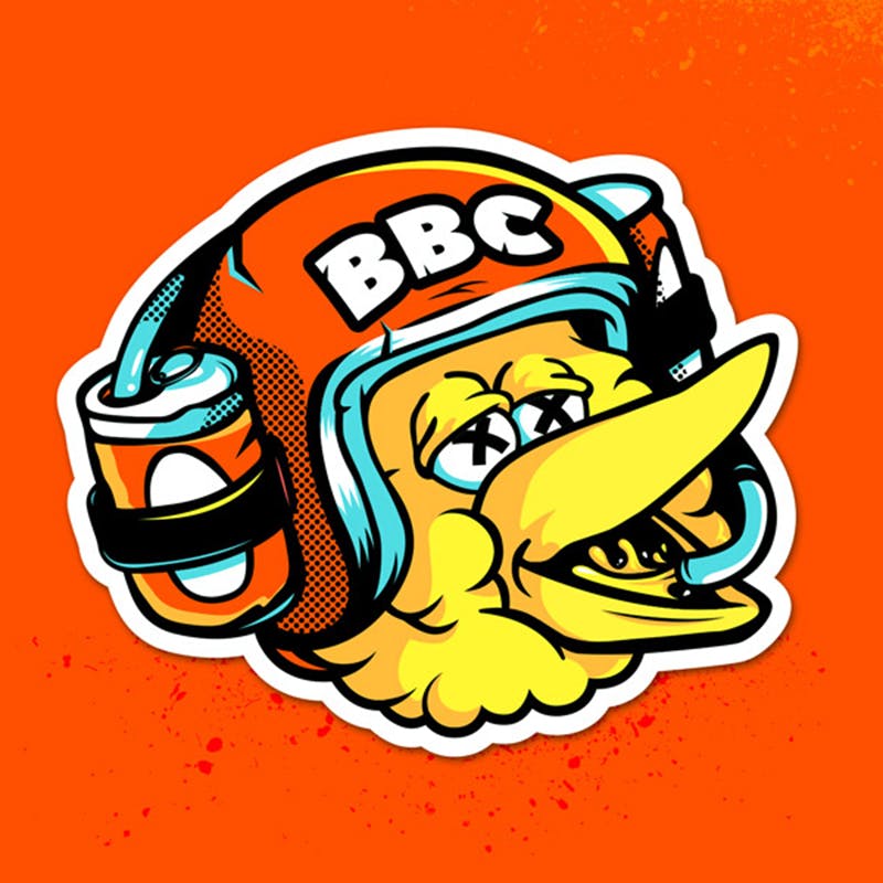 Big Bird Crew logo: Big Bird wearing a beer helmet created by Ian Steele