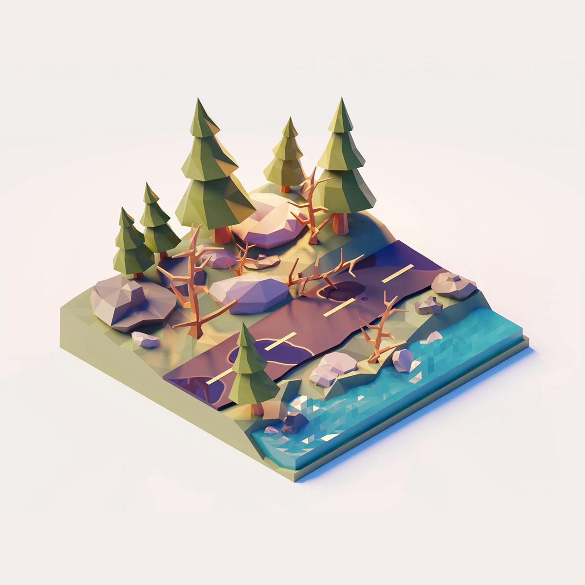 A 3D rendering of an isometric river road created by Ian Steele